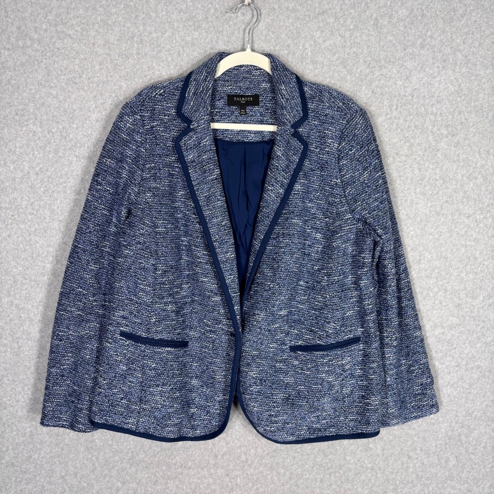 Talbots Tweed Knit Sweater Blazer 14W Blue White Cotton Jacket Old Money Chic